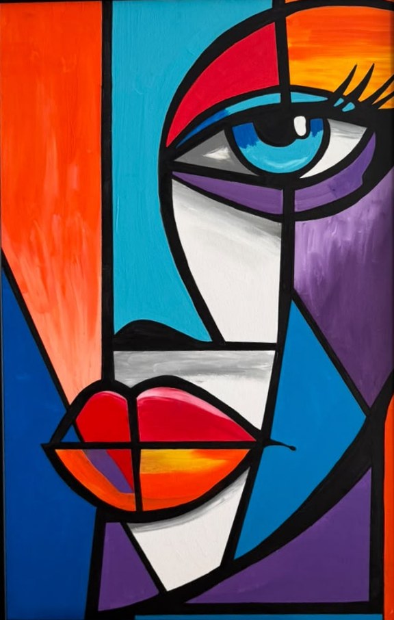 Peinture d'un visage de style cubiste avec un grand œil bleu, des lèvres rouges et des formes géométriques colorées cernées de noir.