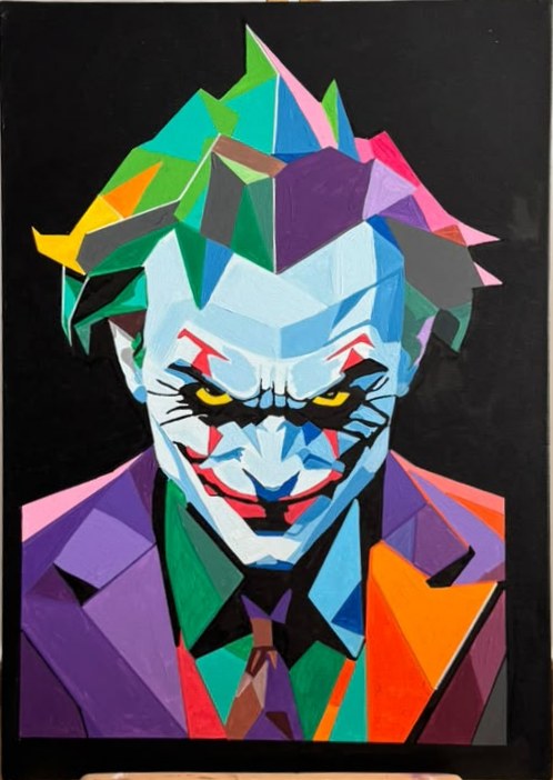 Portrait cubiste du Joker au visage blanc et vert, yeux jaunes et costume multicolore sur fond noir.