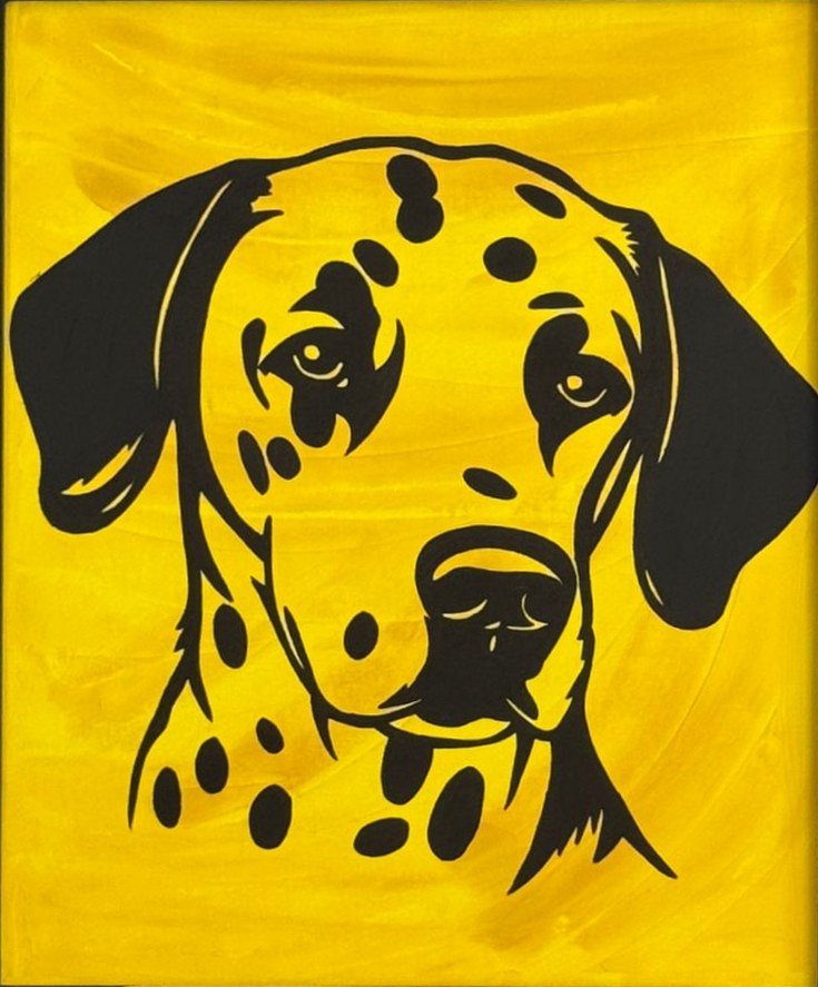 Portrait stylisé d'un chien dalmatien peint en aplats noirs sur un fond jaune vif.