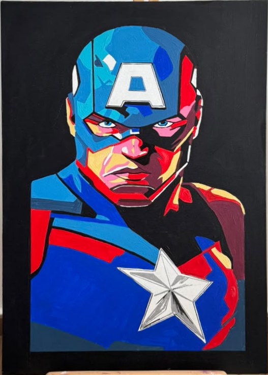 Portrait peint de Captain America masqué, en aplats bleus et rouges, avec une grande étoile blanche sur la poitrine.