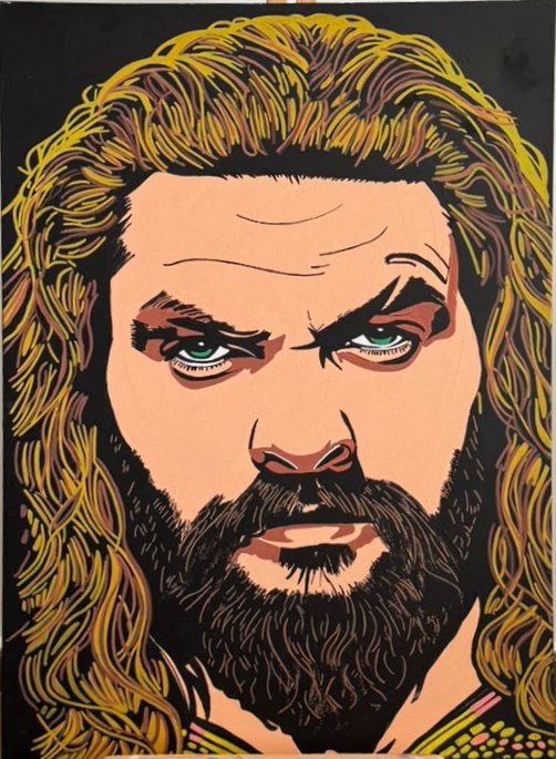 Portrait peint d'un homme barbu aux longs cheveux blonds et aux yeux verts sur fond noir, style bande dessinée.