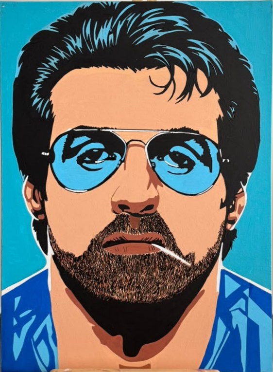 Portrait de style pop art de Sylvester Stallone portant des lunettes de soleil bleues et une allumette à la bouche, sur fond cyan.