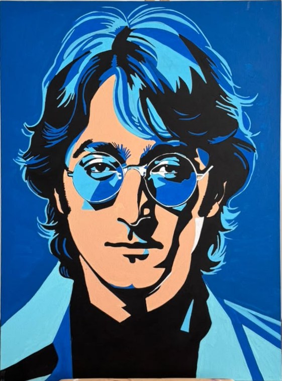 Portrait pop art de John Lennon peint à l'acrylique avec une dominante de bleu.