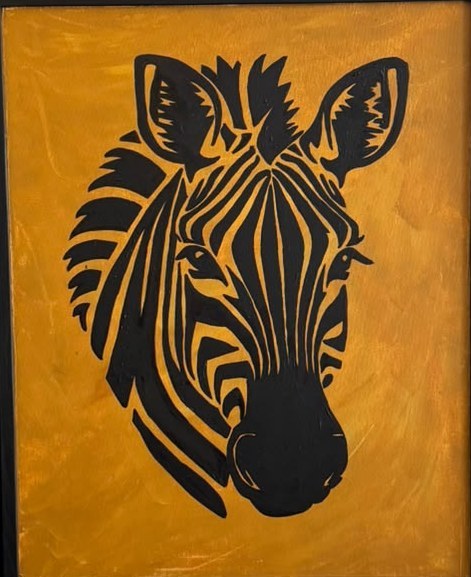 Portrait d'une tête de zèbre en aplat noir sur fond ocre orangé, encadré de noir.