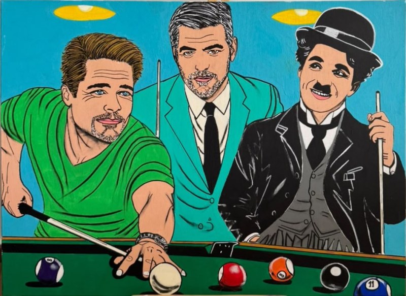 Brad Pitt, George Clooney et Charlie Chaplin représentés en train de jouer au billard dans un style pop art aux couleurs vives.