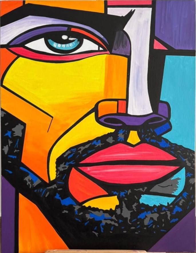 Portrait en gros plan d'un homme barbu peint dans un style géométrique avec des couleurs vives et de larges contours noirs.