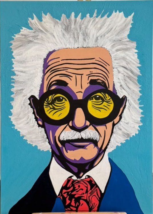 Portrait pop art d'Albert Einstein portant des lunettes aux verres jaunes sur fond bleu.