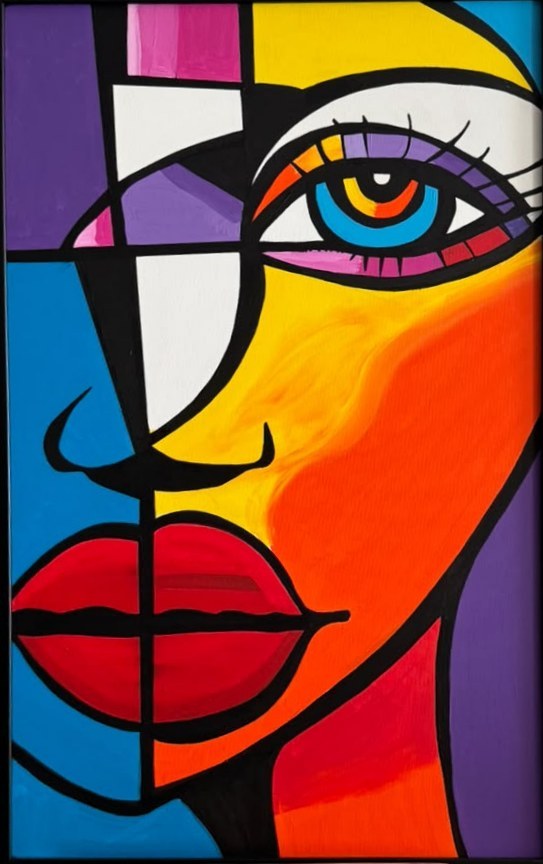 Peinture d'un visage stylisé aux couleurs vives, découpé par d'épaisses lignes noires à la manière cubiste.
