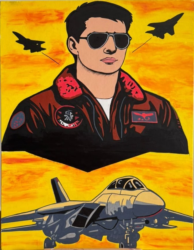 Portrait peint d'un pilote de chasse en blouson de cuir et lunettes noires, avec un avion militaire gris sur fond jaune orangé.