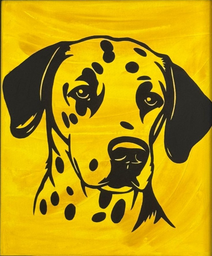 Portrait stylisé d'un chien dalmatien peint en aplats noirs sur un fond jaune vif.