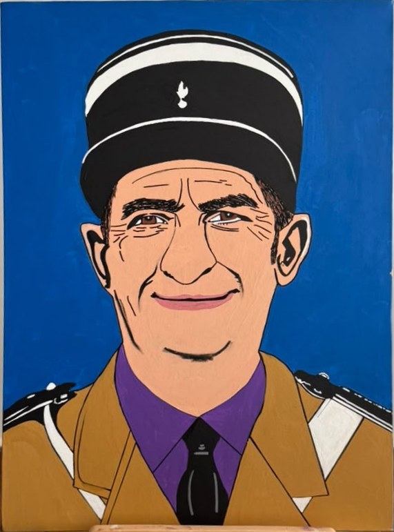 Portrait en buste de Louis de Funès en gendarme sur fond bleu, peint dans un style pop art avec des contours noirs marqués.