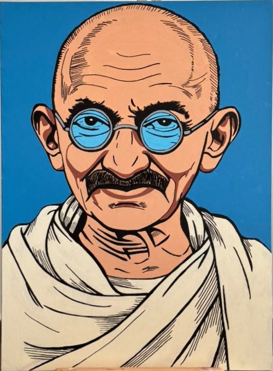 Portrait en buste de Mahatma Gandhi peint dans un style pop art sur fond bleu.