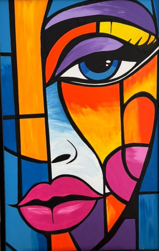 Peinture d'un demi-visage féminin stylisé avec des aplats de couleurs vives séparés par d'épais traits noirs.