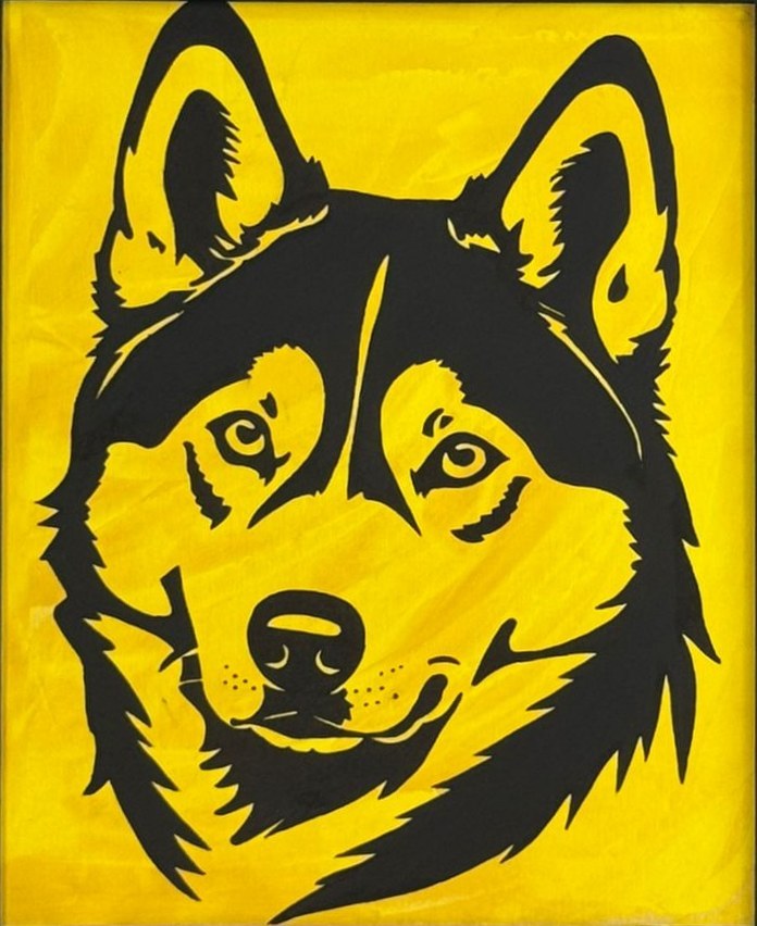 Peinture en noir et jaune représentant la tête d'un chien husky de face.