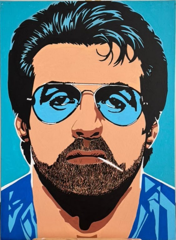 Portrait de style pop art de Sylvester Stallone portant des lunettes de soleil bleues et une allumette à la bouche, sur fond cyan.