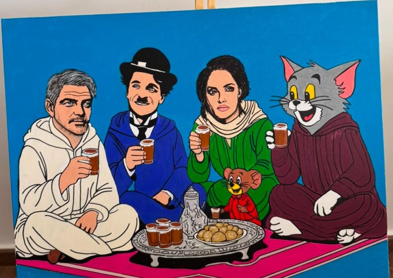 L'Heure du Thé — Clooney · Chaplin · Tom & Jerry, acrylique sur toile.