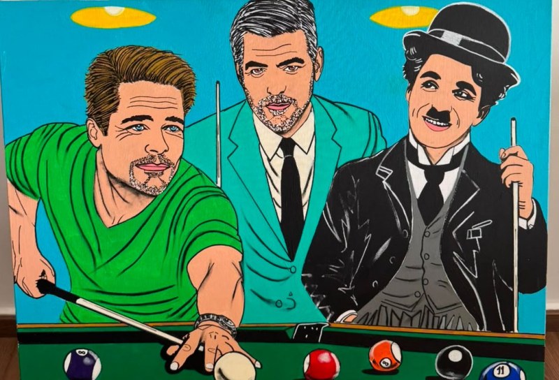 La Belle Partie — Brad Pitt · George Clooney · Charlie Chaplin, acrylique sur toile.